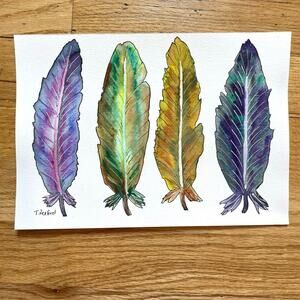 Hand painted watercolor original painting metallic feathers